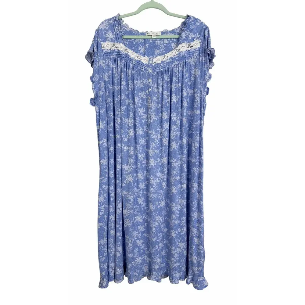 Eileen West Floral Waltz Nightgown Blue White 2X Pajama Sleep Dress Modal Blend